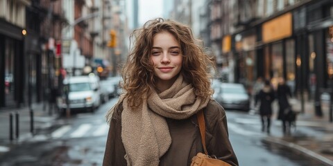 Fototapeta premium A confident woman walking in a vibrant city street, symbolizing joy and urban lifestyle. Ideal for lifestyle, fashion, and cityscape visuals.