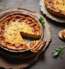 Golden brown quiche with smoked bacon and melted cheese, brunch dish, dinner option, baked goods
