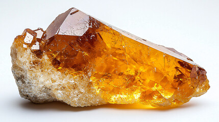 Citrine Gemstone with Fiery Orange Tint: A fiery orange citrine gemstone sparkling under focused studio lighting on a white background.
