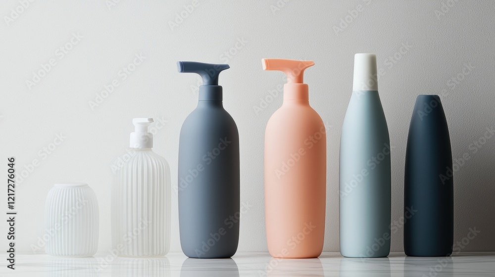 Aufkleber group of five bottles of different sizes and shapes arranged in a row on a white surface. the bottle