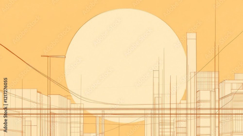 Poster abstract urban skyline with minimalistic lines against a large sun setting in the background