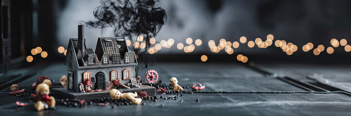 Dark Fantasy Miniature House Burning Building Spooky Dolls Halloween