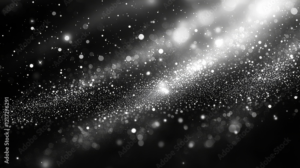 Poster an image in black and white of white bokeh lights forming an abstract pattern against a dark backgro