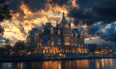 Obraz premium Dramatic sunset over illuminated riverside castle