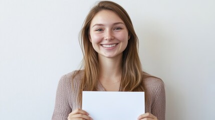 Naklejka premium Smiling Woman Holding a Blank Sheet of Paper