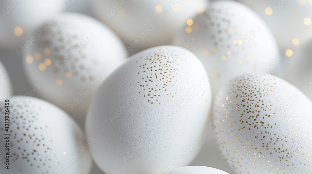 Poster close-up of a group of white eggs. the eggs are arranged in a scattered manner, with some overlappin