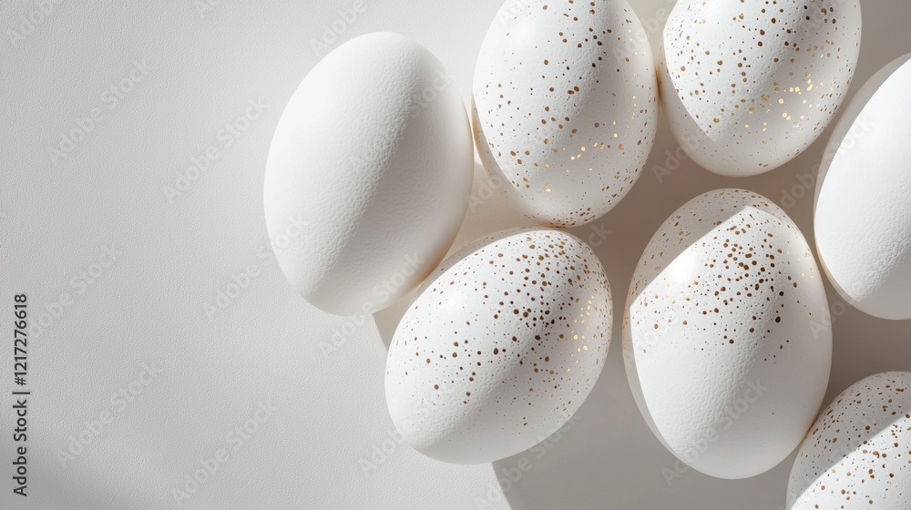 Poster group of nine white eggs arranged in a circular pattern on a plain white background. the eggs are of