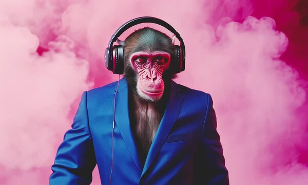 Stylish monkey with headphones, party vibes.