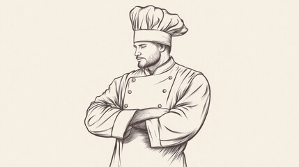 Naklejka premium Chef in traditional attire stands confidently with arms crossed, kitchen background hints at culinary artistry