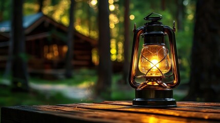 A vintage-style lantern brightens a charming outdoor dining scene.