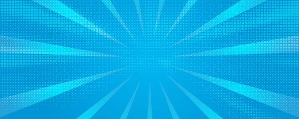 Comic background. Pop art texture. Starburst cartoon style. Anime design with explosion effect for print. Fun dot pattern. Blue backdrop with halftone gradient.