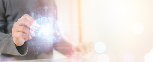 businessman using Ai technology in business by artificial intelligence,  smart robot AI, Futuristic technology transformation, using AI technology for developing running business on cloud computing