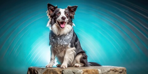 A border collie dog sitting on a rock, wearing a sparkly vest, singing into a mic with a confident expression and tongue out, pet performer, border collie