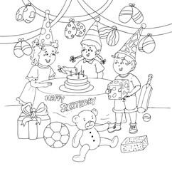 Cute cartoon hand drawn vector Kids Birthday Party Outline .