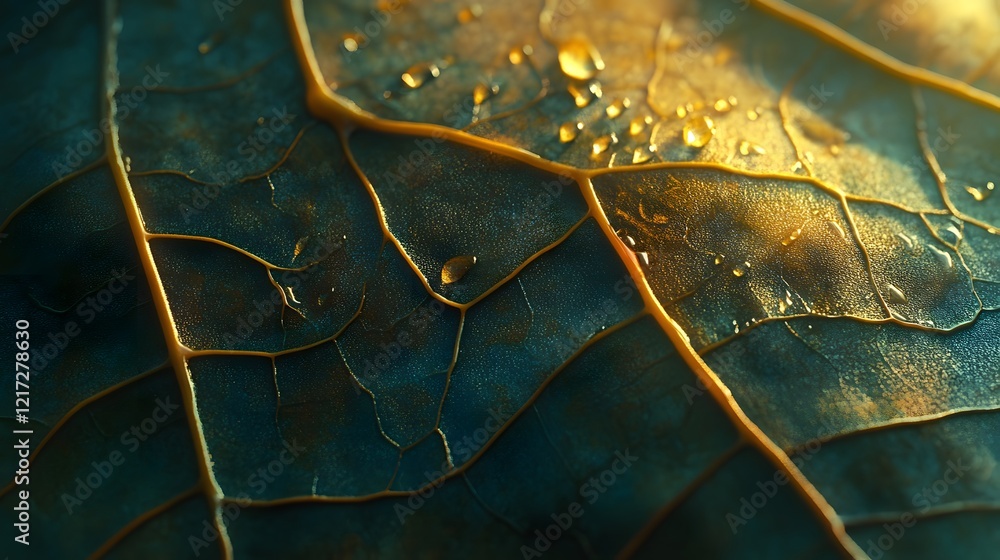 Poster close-up of a leaf with water droplets captured in soft lighting, highlighting intricate veins and t