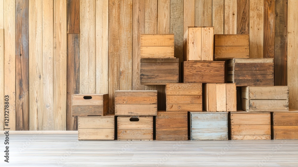 Poster rustic modular wooden crates stacked artistically in a cozy barn setting