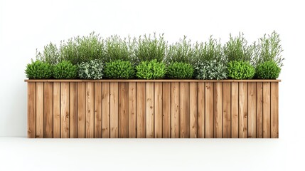 Fototapeta premium Wooden planter filled with lush green herbs and plants against a white isolated background.