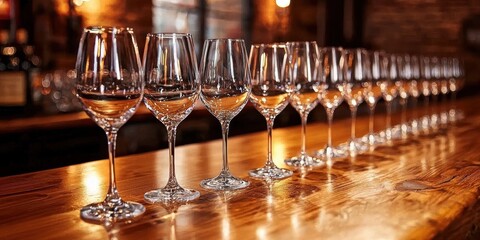 A row of empty wine glasses elegantly arranged on a rustic wooden bar counter. 