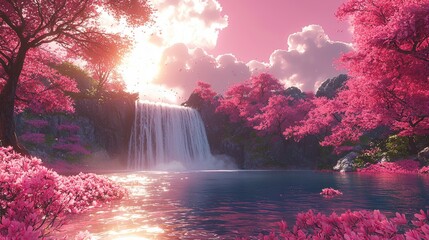 An awe-inspiring view features a radiant waterfall streaming down under a pink sky, set against surreal, dreamlike landscapes