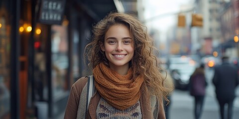 Fototapeta premium A confident woman walking in a vibrant city street, symbolizing joy and urban lifestyle. Ideal for lifestyle, fashion, and cityscape visuals.