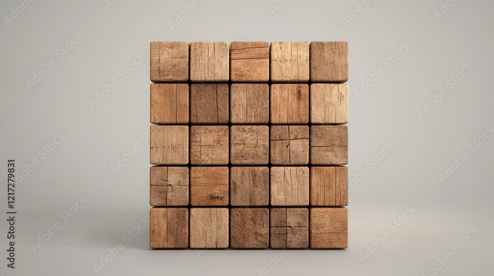 Poster stackable modular wooden blocks with earthy textures for creative building projects
