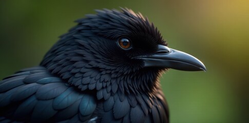 Close-up of a black bird's feathers with fluffy texture and soft lighting, fluffy feather, bird beak, bird wing