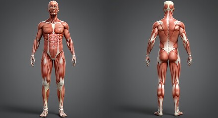 Detailed anatomical view of human male musculature front and back