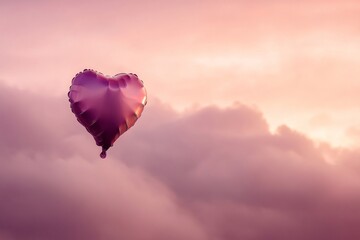 Obraz premium Lavender heart-shaped balloon drifting through pastel sunset, symbolizing love and whimsy against soft pink sky