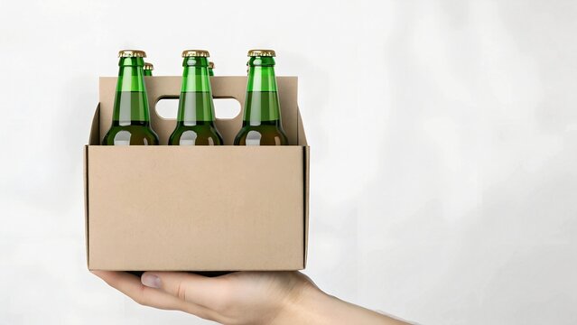 Person holding a cardboard carrier with green glass bottles. Perfect for branding, packaging mockups, or beverage-related concepts.