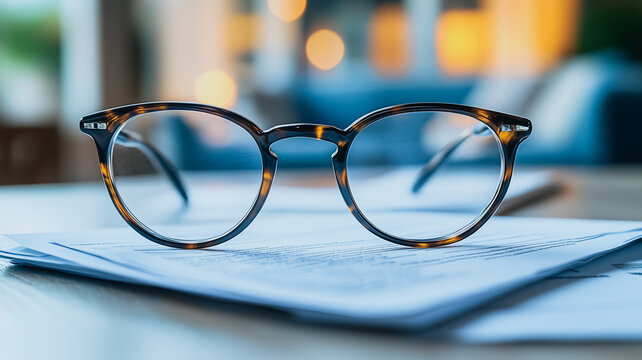 Awaiting Clarity: Round tortoiseshell glasses rest upon a stack of documents, their lenses reflecting the blurred lights of the surrounding environment.