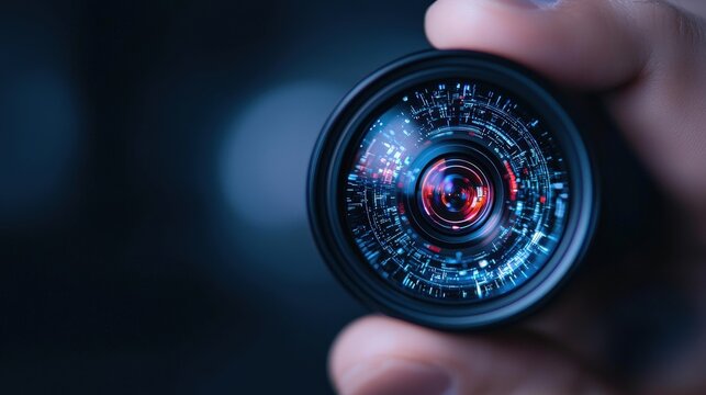 Person holding camera lens with ai-driven automation technology in modern studio environment