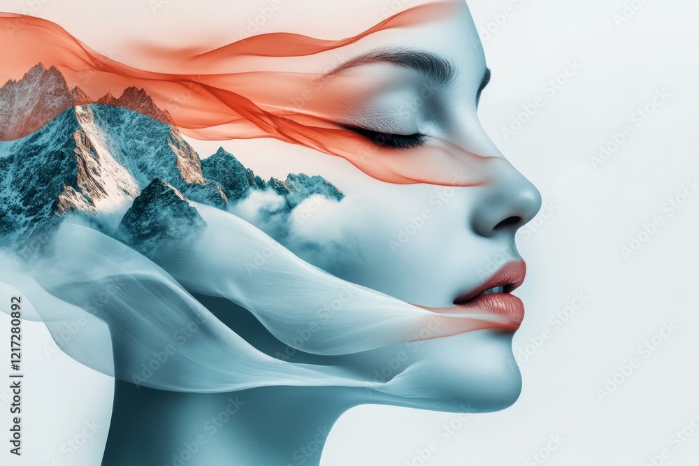 Poster a flat 2d illustration of a person meditating on a mountaintop, surrounded by soft clouds on a clean