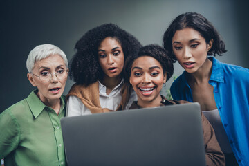 Portrait of team ambitious business women open mouth look laptop display modern interior office indoors