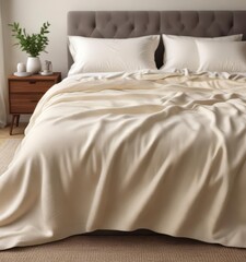 Soft cream colored woolen blanket spread across king size bed, ,  large bed,  bed covering