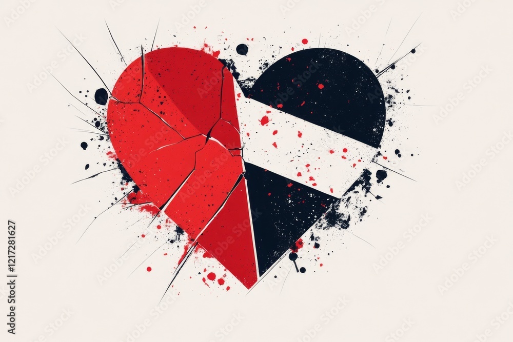 Poster A flat design of a broken heart with sharp, angular cracks and bold red and black tones against a neutral background