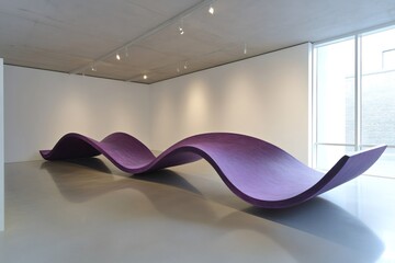 Sinuous purple sculpture exhibited in a minimal and modern art gallery with white walls and spotlights