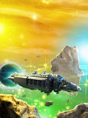 A giant spaceship coming out of a collapsar jump portal into an unexlored part of the galaxy