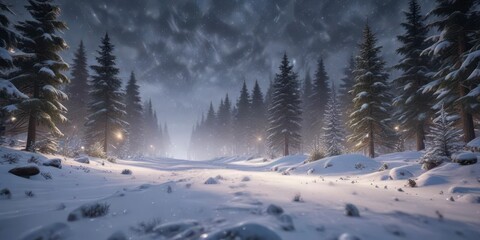 Obraz premium Snowflakes falling gently on a winter landscape with evergreen trees and twinkling lights, seasonal, snowflakes