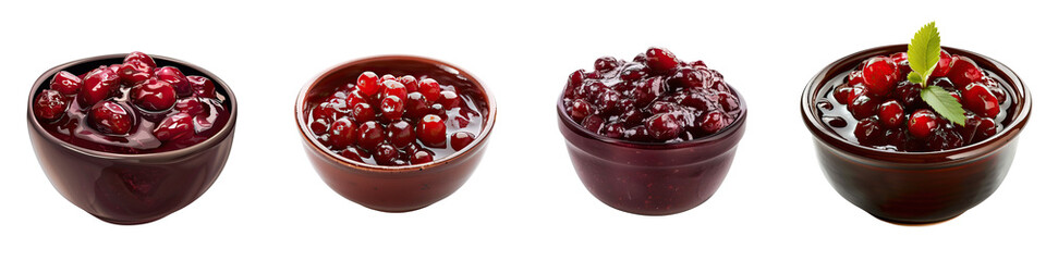 A set of four bowls filled with various types of cranberry sauce, showcasing different textures and colors.