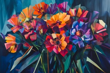 Contemporary painting of colorful flowers with large petals, depicted in a cubist style, creating a vibrant and abstract floral arrangement