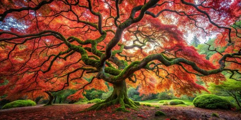 Ancient red tree with twisted trunk and gnarled branches