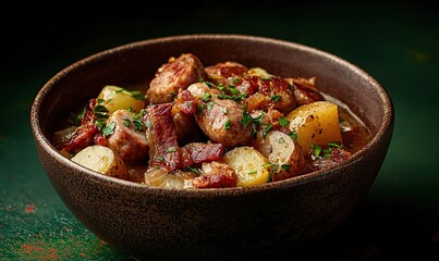 Traditional Irish coddle served in a brown bowl with potatoes, sausages, and bacon against a muted green background