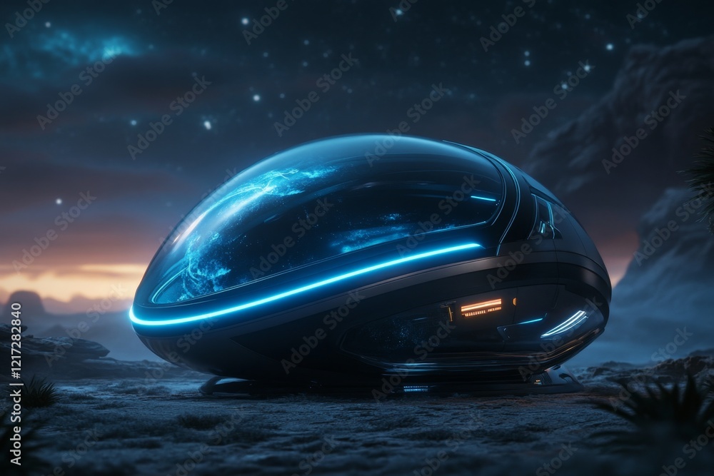 Poster a futuristic meditation pod glowing softly with ambient blue light, floating in a quiet space with h