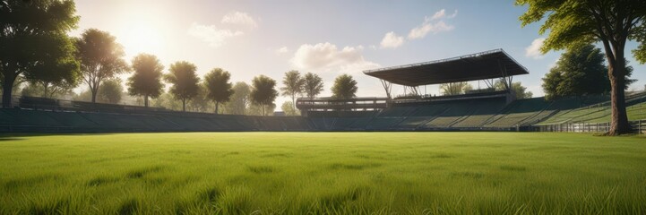 Obraz premium Stadium under bright sunny sky with green grass and lush trees surrounding it, sports stadium, rugby field