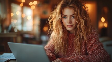 A woman types on her laptop, with papers scattered to the side, bathed in the golden hues of a sunset shining through a window