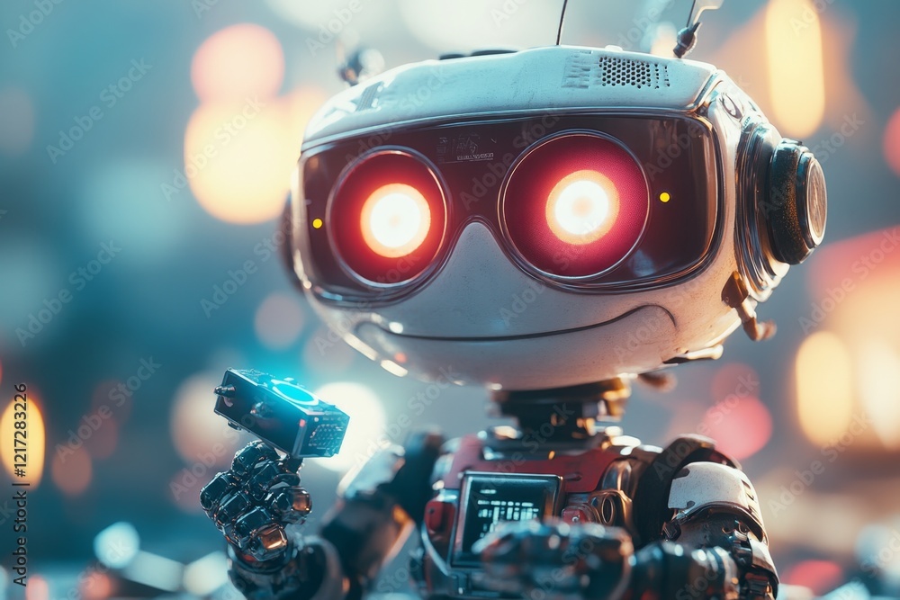 Poster a futuristic scene of a robot sitting alone in a dimly lit lab, holding a broken piece of technology