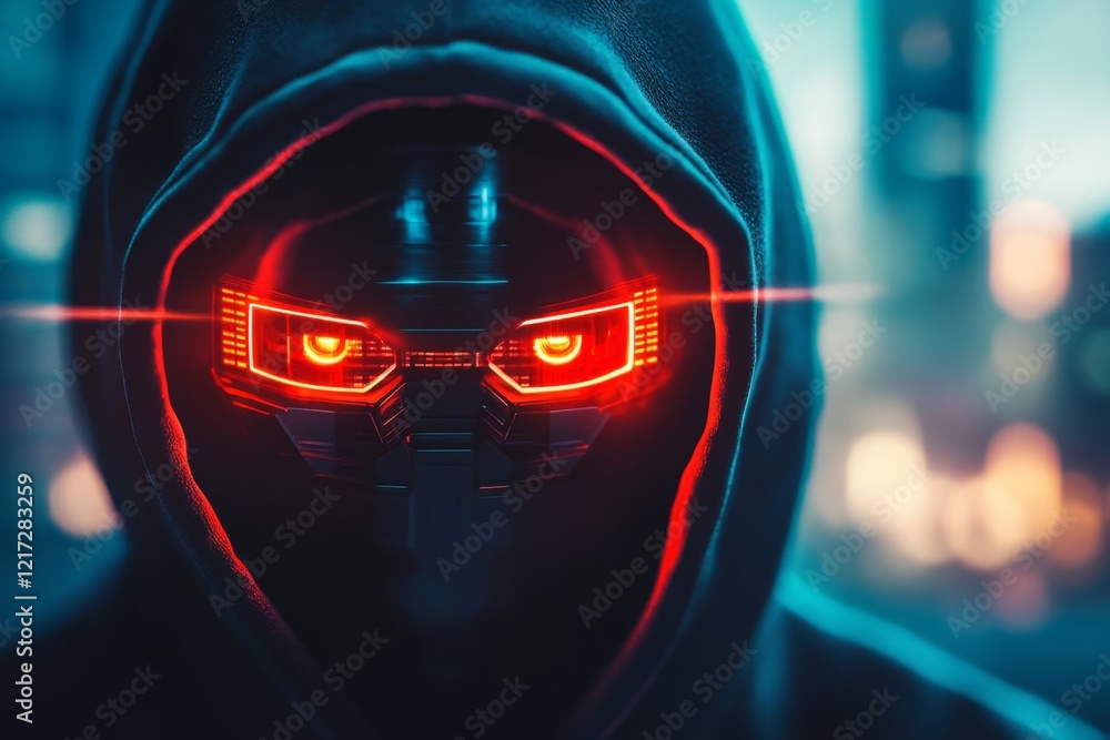 Poster A futuristic scene of a person hiding behind a high-tech console in a darkened room, as glowing red robotic eyes scan the area ominously