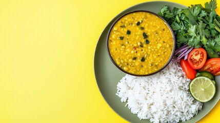 Delicious dal bhat features lentil soup with rice, vegetables, and pickles on a smooth green plate against a yellow background