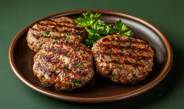Savor grilled bifteki patties with fresh herbs on a sleek brown plate against a dark green backdrop