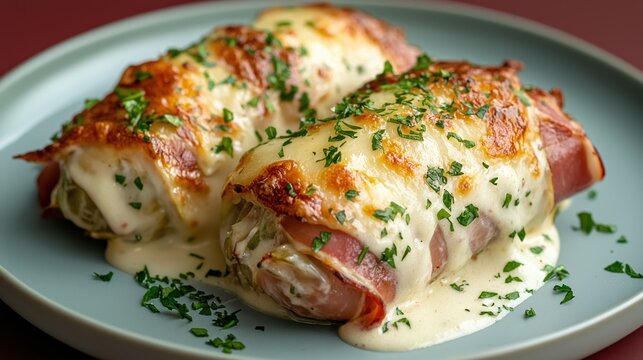 Enjoying chicons au gratin, a comforting Belgian dish with ham, endives, and rich b&eacute;chamel sauce on a blue plate